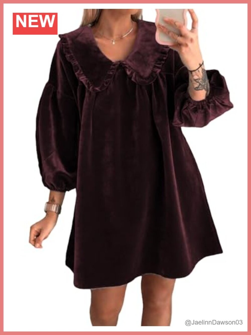 Velvet Babydoll Mini Dress Ruffle Collar Puff Sleeve A Line Casual